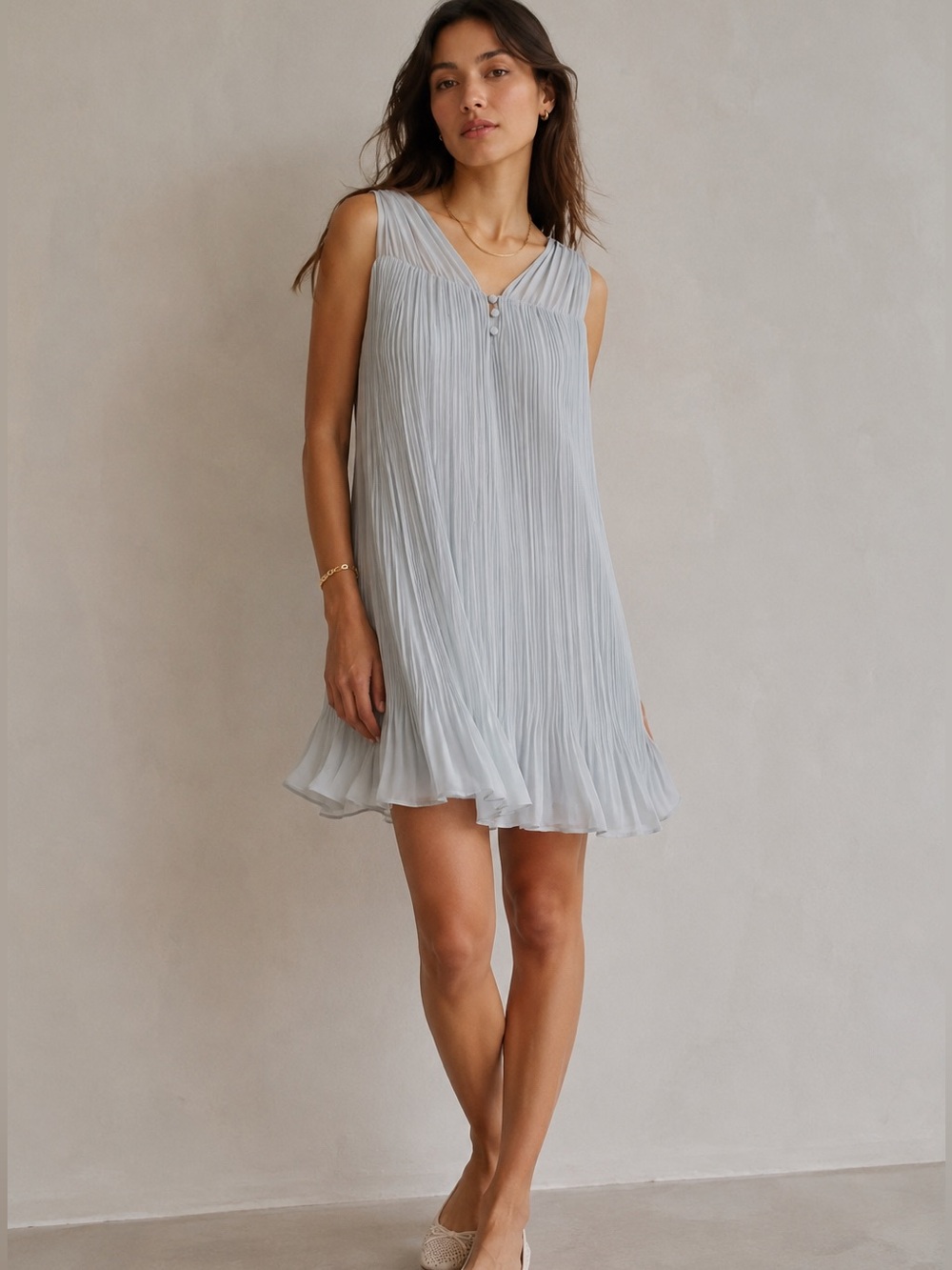 Anthropologie HD in Paris Light Grey Blue Pleated Dress